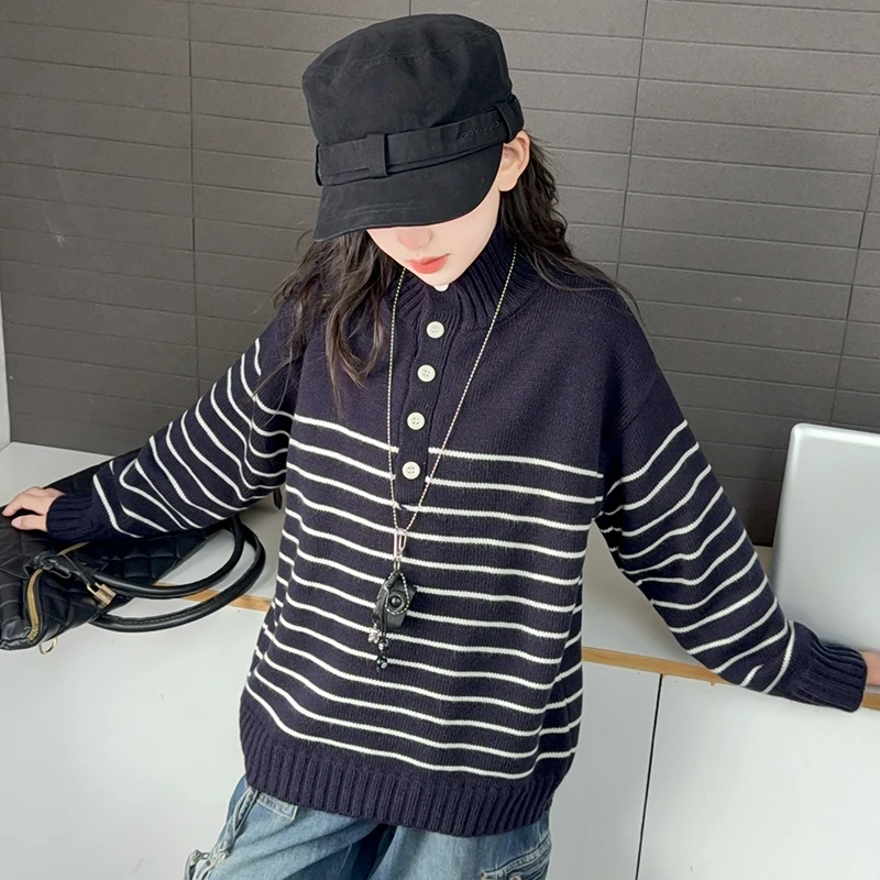 

2025 зимний свитер для мальчиков, свитер на пуговицах с высоким воротником для девочек, полосатая толстовка с капюшоном, модный теплый вязаный свитер, темно-синяя вязаная рубашка