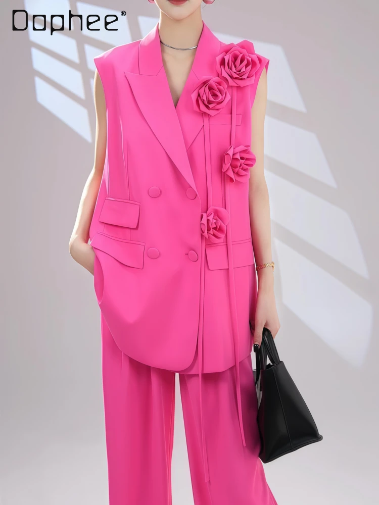 

Summer New Korean Temperament Versatile Commuter Style Suit Light Luxury Solid Color Three-dimensional Flower Vest Trousers