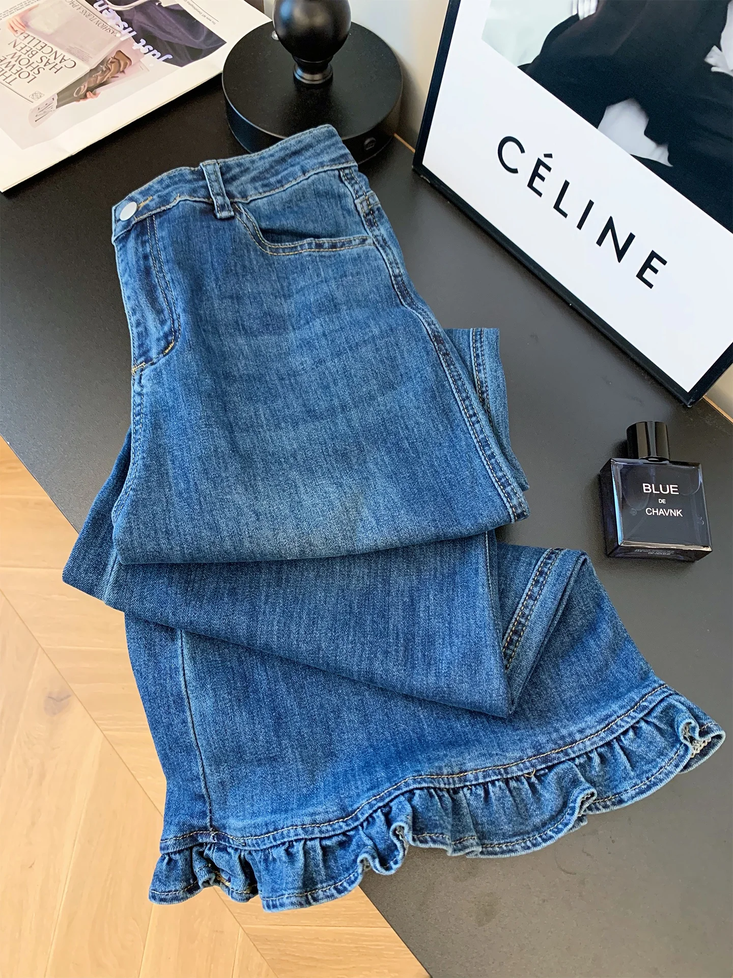 

Синие джинсы с высокой талией и широкими штанинами, женские повседневные модные джинсы в американском ретро-стиле, свободного кроя, для осени