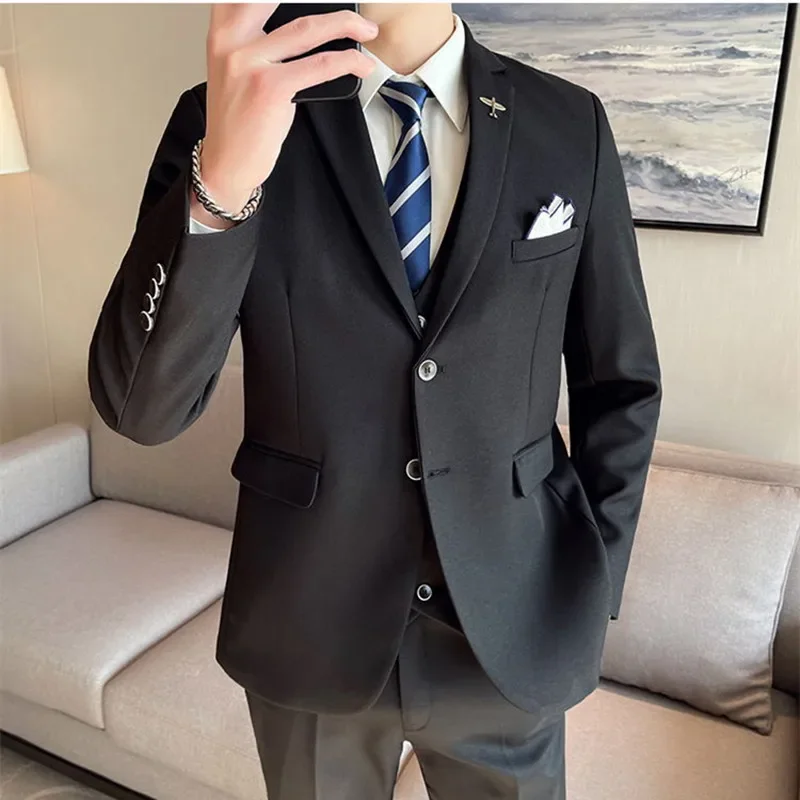 2024 New (Blazer+ Vest + Pants) Fashion Business Men\'s Professional Suit Too Waste Solid Color Casual Gentleman Slim Groom Suit