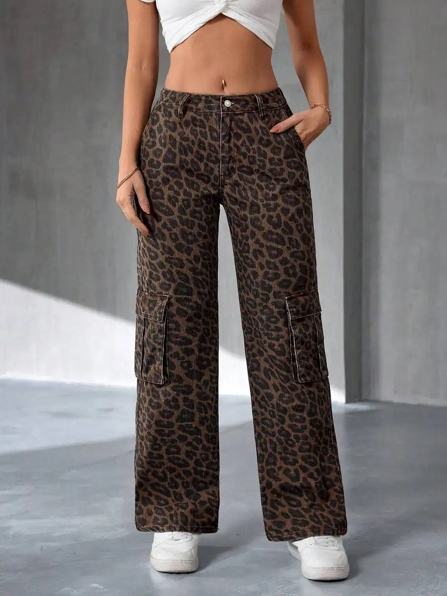 

Leopard Print Cargo Pants Women Casual Loose Straight Leg Low Waist Denim Jeans
