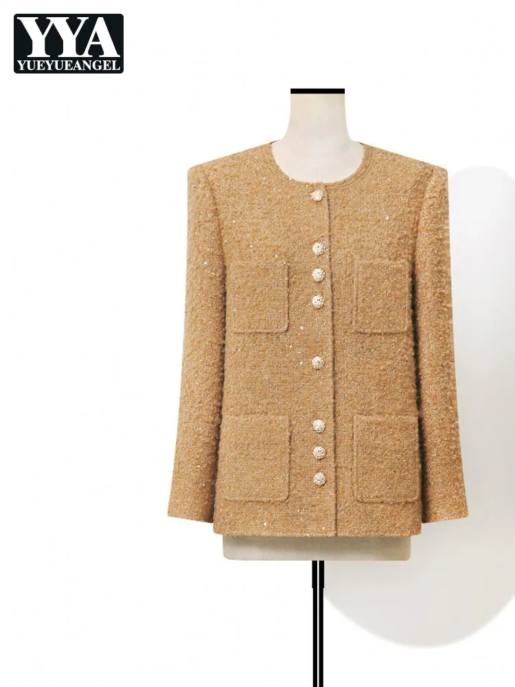Chic Work Ladies O Neck Tweed Jacket Single-breasted Multi Pocket Straight Coat Solid Color Leisure Women Sequin Party Outerwear