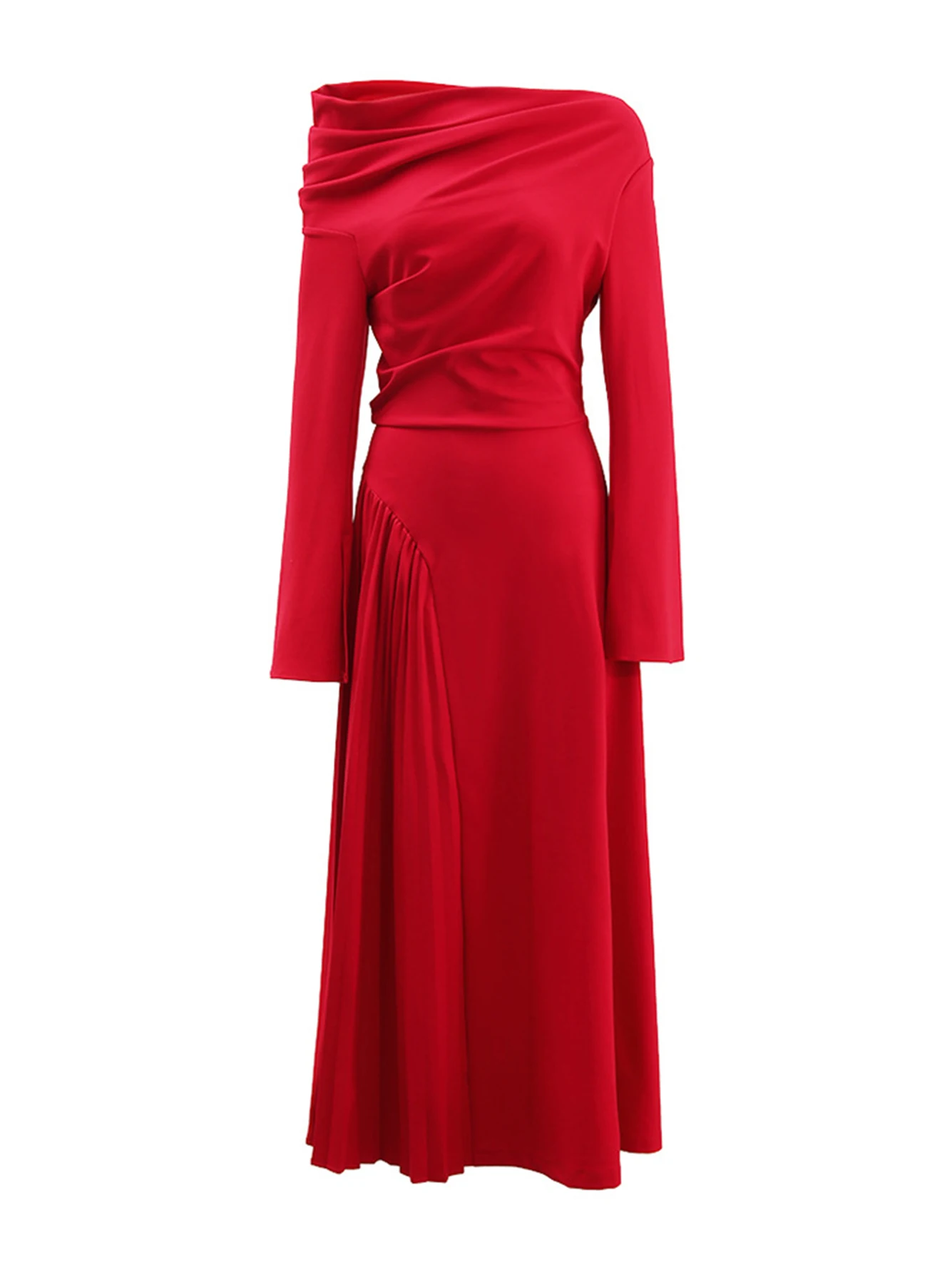 High Quality Women\'S Red Maxi Dress 2024 New Sexy Off Shoulder Speaker Long Sleeved Draped Elegant Birthday Party Dress Vestidos