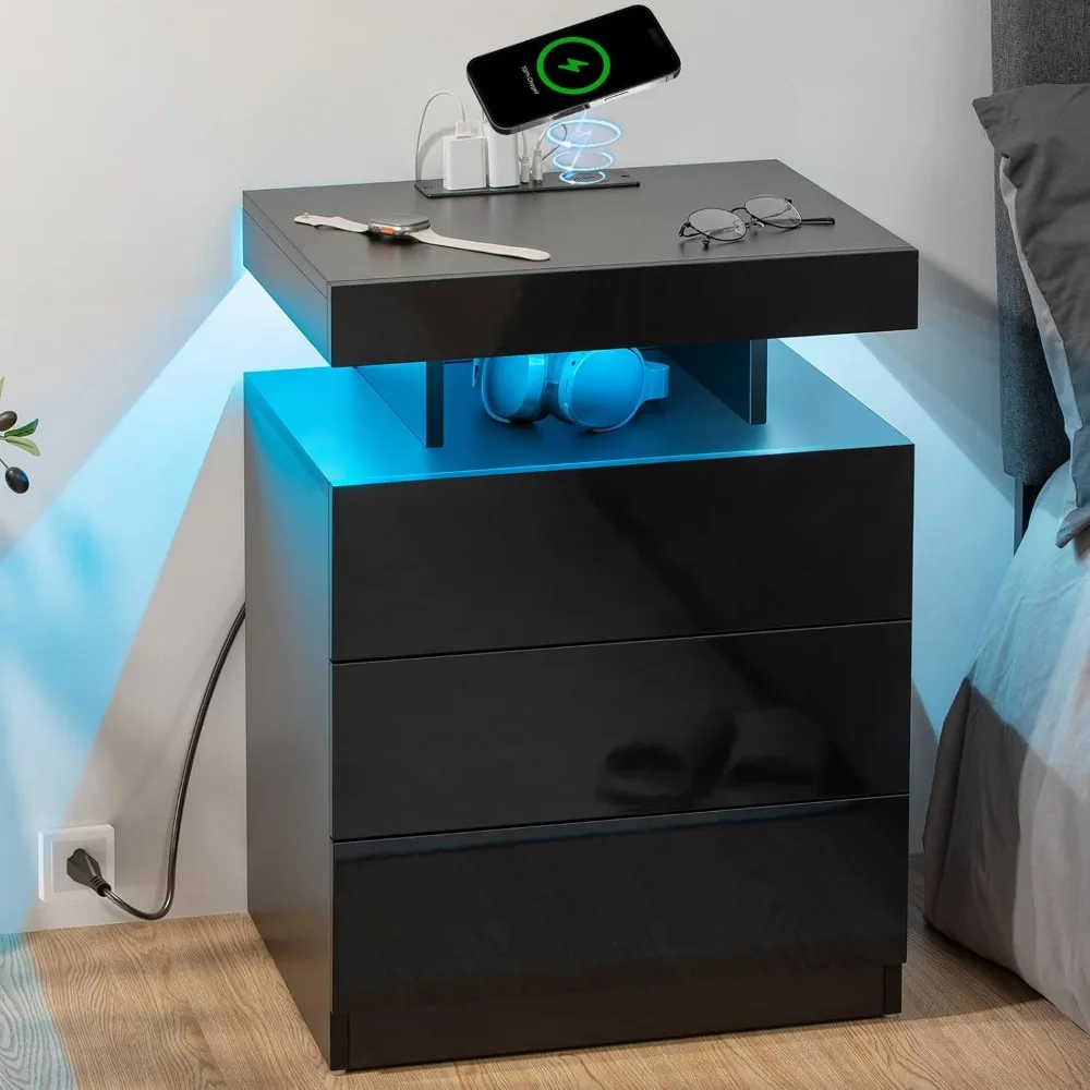 

LED Nightstand with Wireless Charging Station & USB Ports 3 Drawers High Gloss Bedside Table with LED Light RGB Adjustable