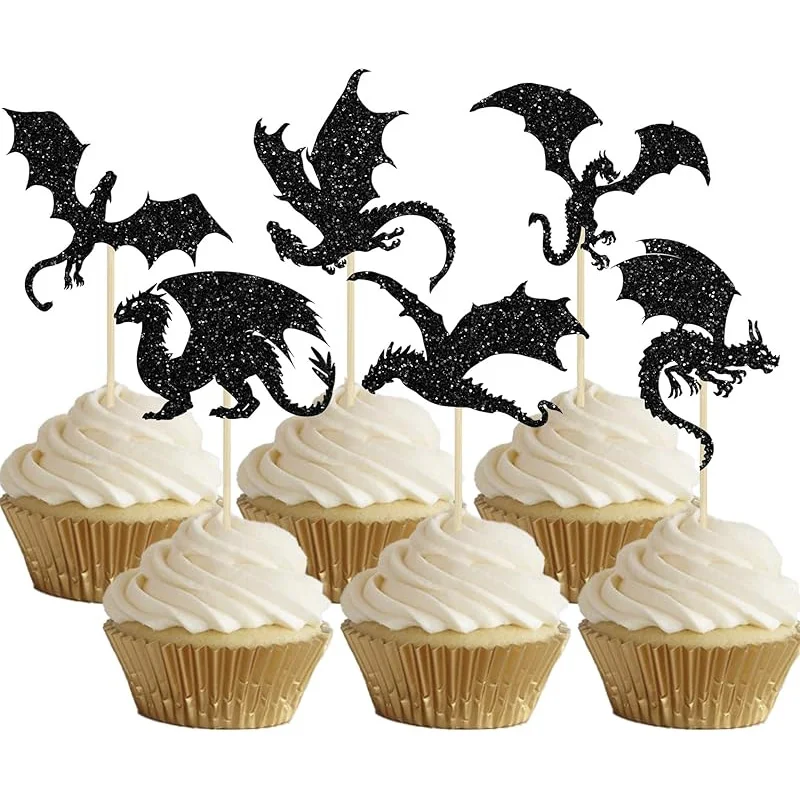 24-Piece Dragon-Themed Cake Topper Set – Glittery Dragon and Dinosaur Cupcake Picks, Perfect for Birthday Party Cake Decoration
