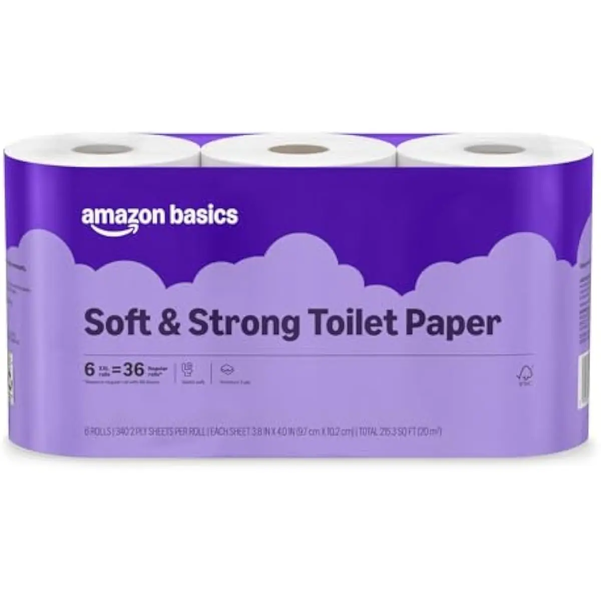 Basics Soft and Strong 2-Ply Toilet Paper, 6 Ultra Rolls = 24 Regular Rolls, Unscented, 340 Sheet (1 Pack of 6), Packaging May V