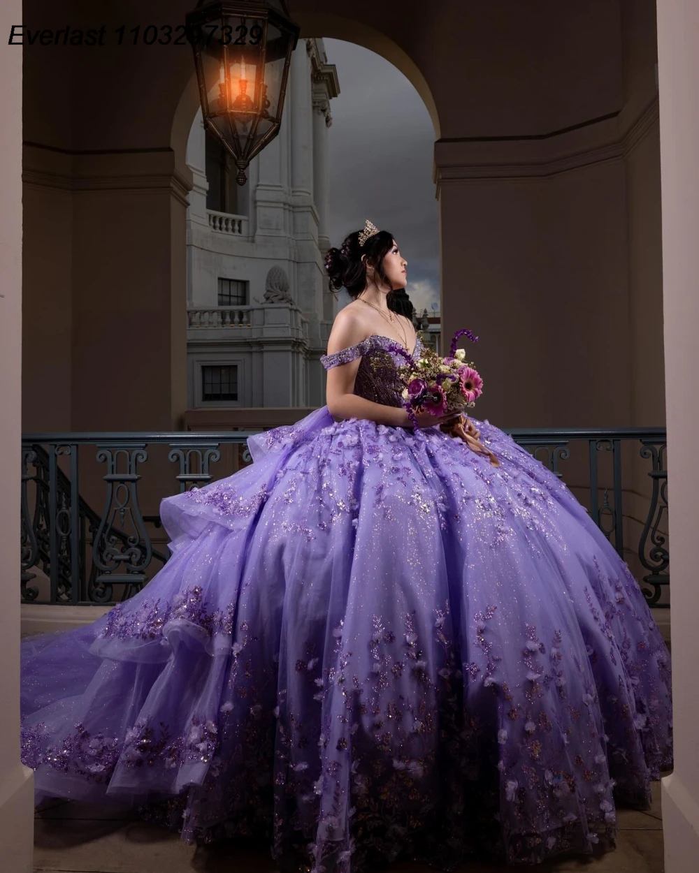 EVLAST Customized Purple Lilac Quinceanera Dress Ball Gown Floral Applique Beaded Crystal Sweet 16 Vestido De 15 Anos QD1142