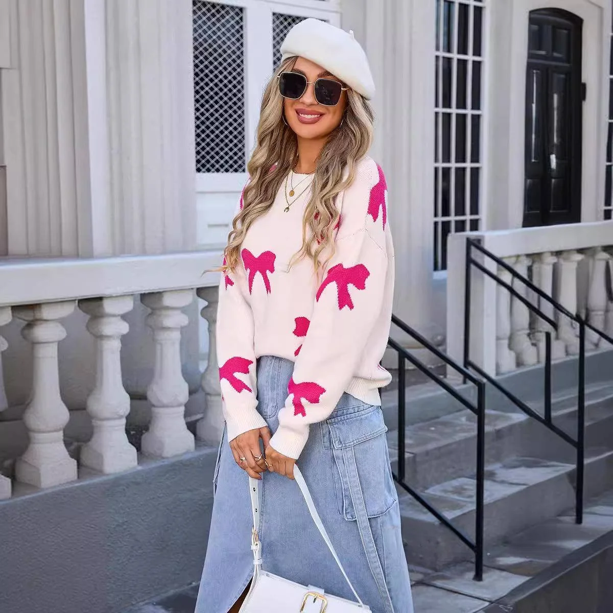 Primavera 2025 Suéter feminino longo de malha com nó suspenso Faion Trend Roupas transfronteiriças Nó Sw...