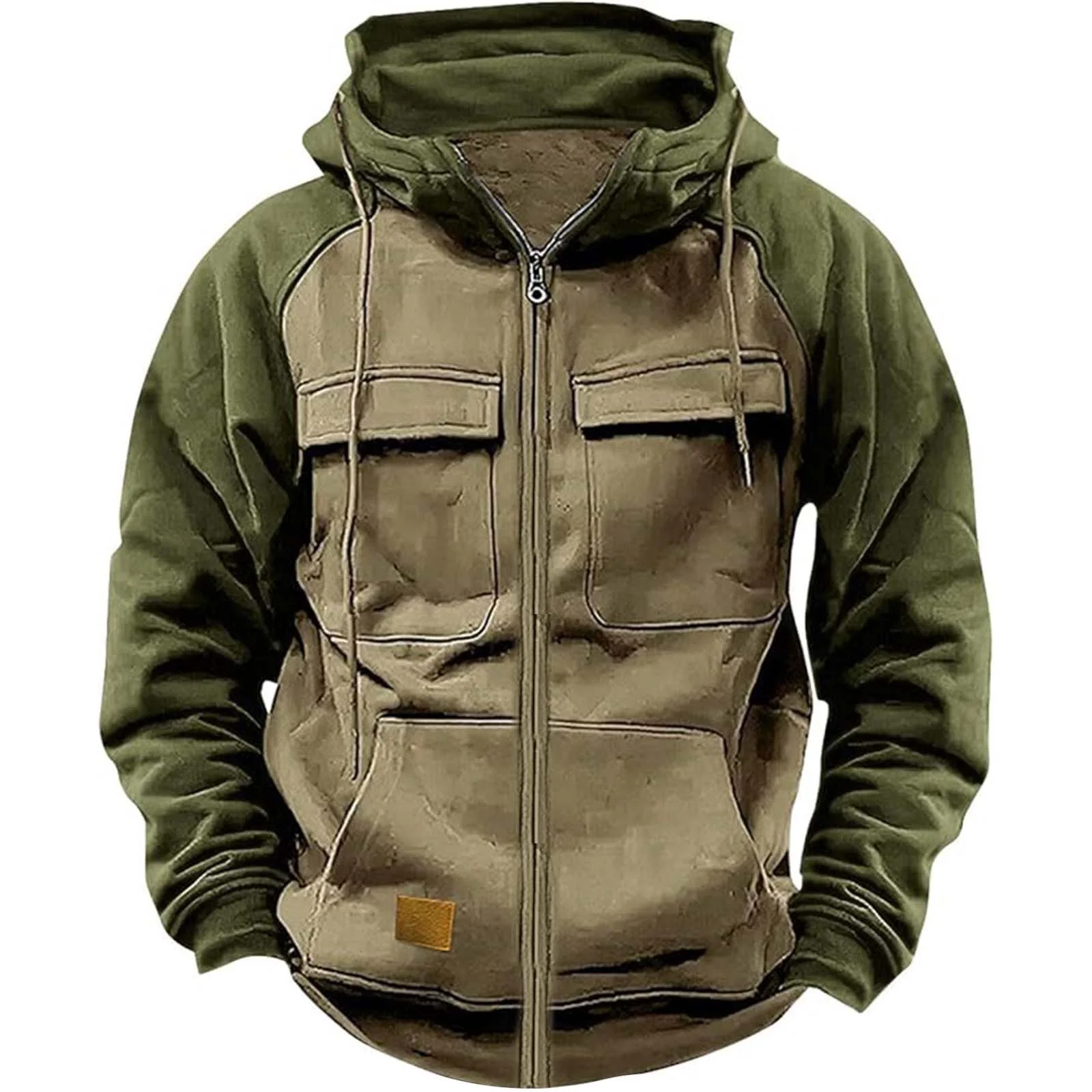 

New Autumn Winter Men Zipper Patchwork Warm Fleece Sweatshirts Multi Pockets Male Fashion Hooded Jacket Thick Outdoor Hoodie