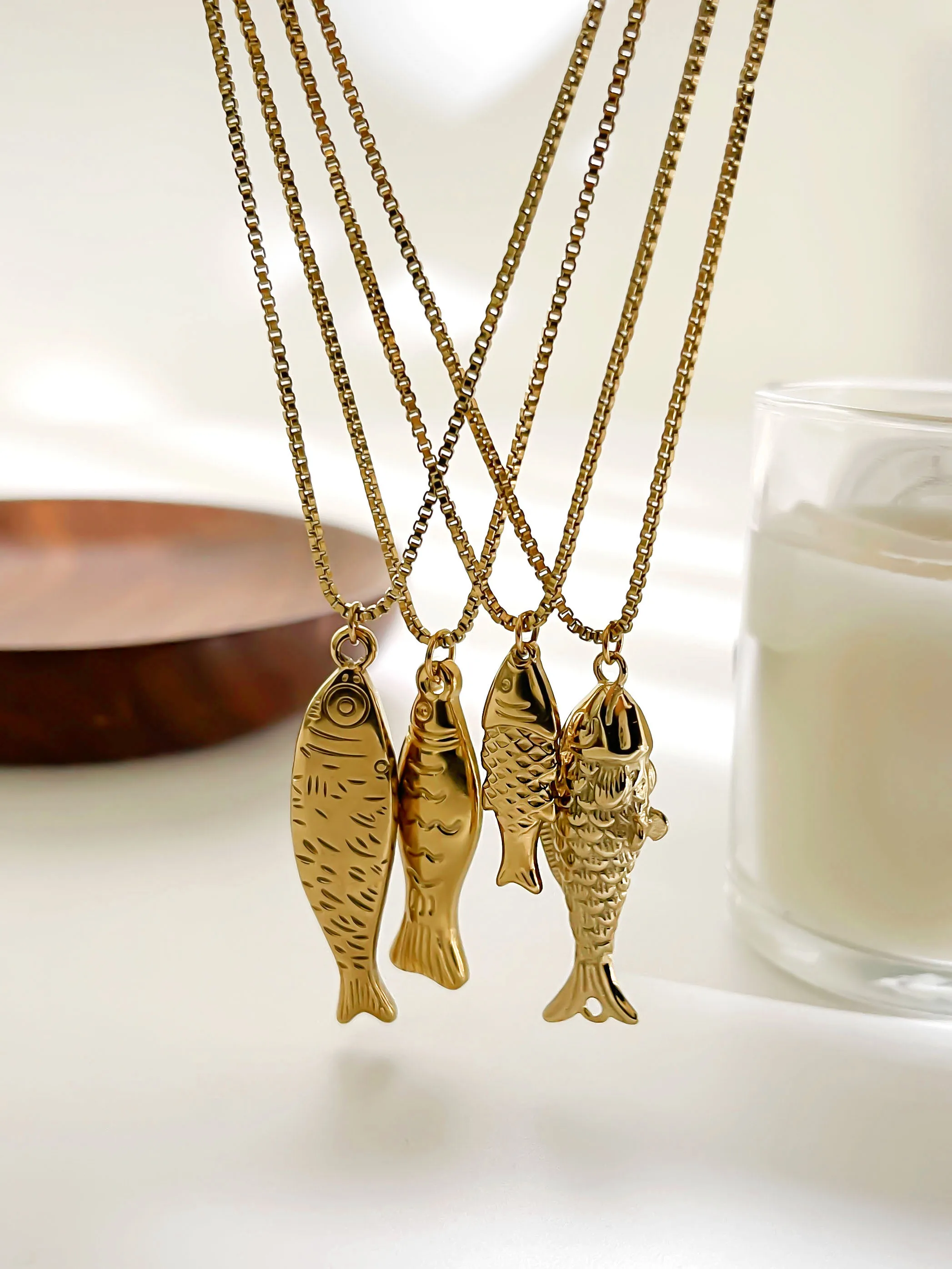 GHIDBK Trendy 4 Designs Stainless Steel Gold Plated Small Fish Pendant Necklaces for Women Waterproof Beach Party Jewelry Summer image 4