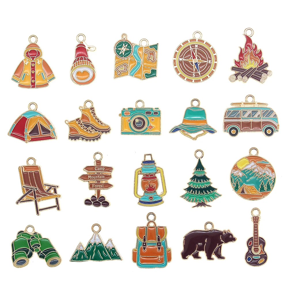 10pcst Autumn Camping Supplies Tent Raincoat Map Landscape Brown Bear Metal Enamel Alloy Charms for DIY Jewelry Making Pendants