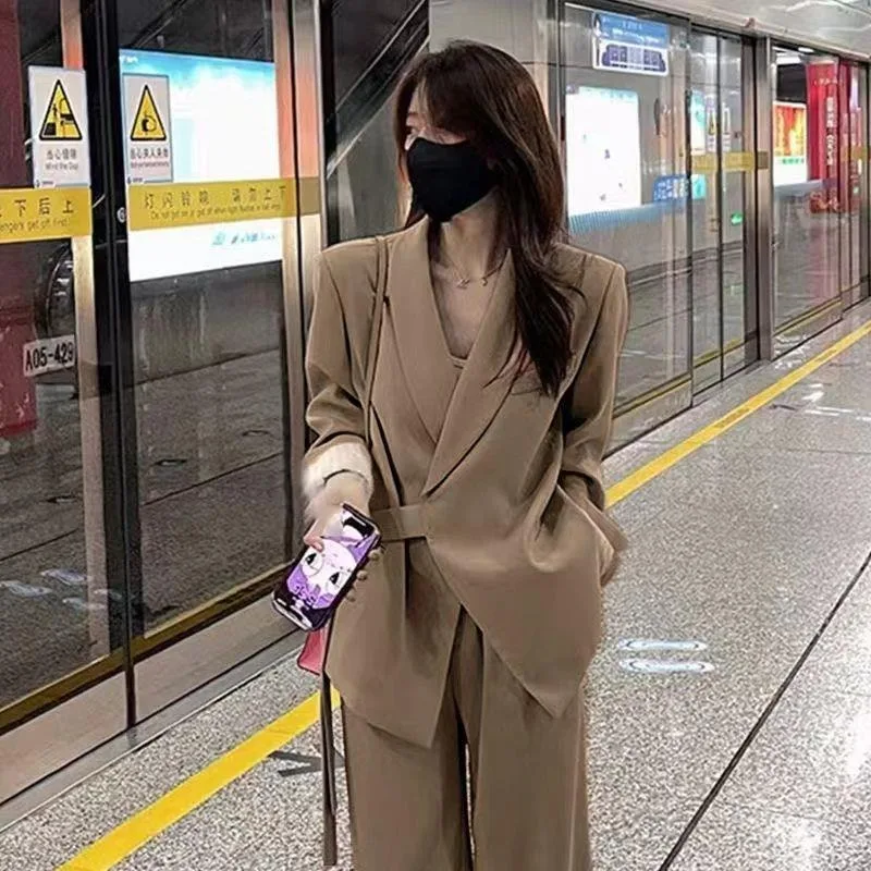 Autumn Suit Set With Feminine design Sense And Straps Plus Size Suit Jacket Wide Leg PantsTwo-Piece Set For Women To Look Slim