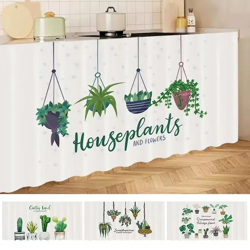 VIKAMA Watercolor Cactus Cabinet Curtain, Hand Drawn Potted Succulent Fabric Sink Skirt for Kitchen Vanity Dust Cover