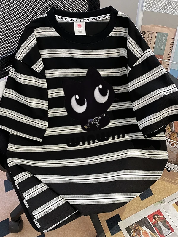 

Футболка свободного кроя из чистого хлопка с коротким рукавом, в полоску, модная, универсальная, базовая, с круглым вырезом, для мужчин и женщин