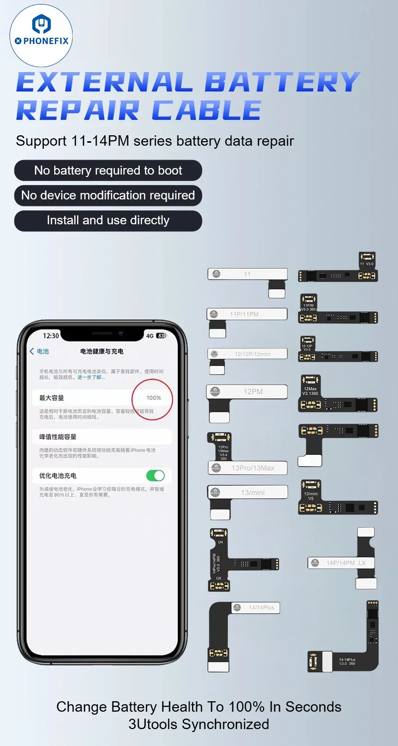 PHONEFIX Cavo tag-on per riparazione batteria esterna per iPhone 11-15PM Nessuna batteria richiesta Avvio Nessun dispositivo Cambia batteria Salute