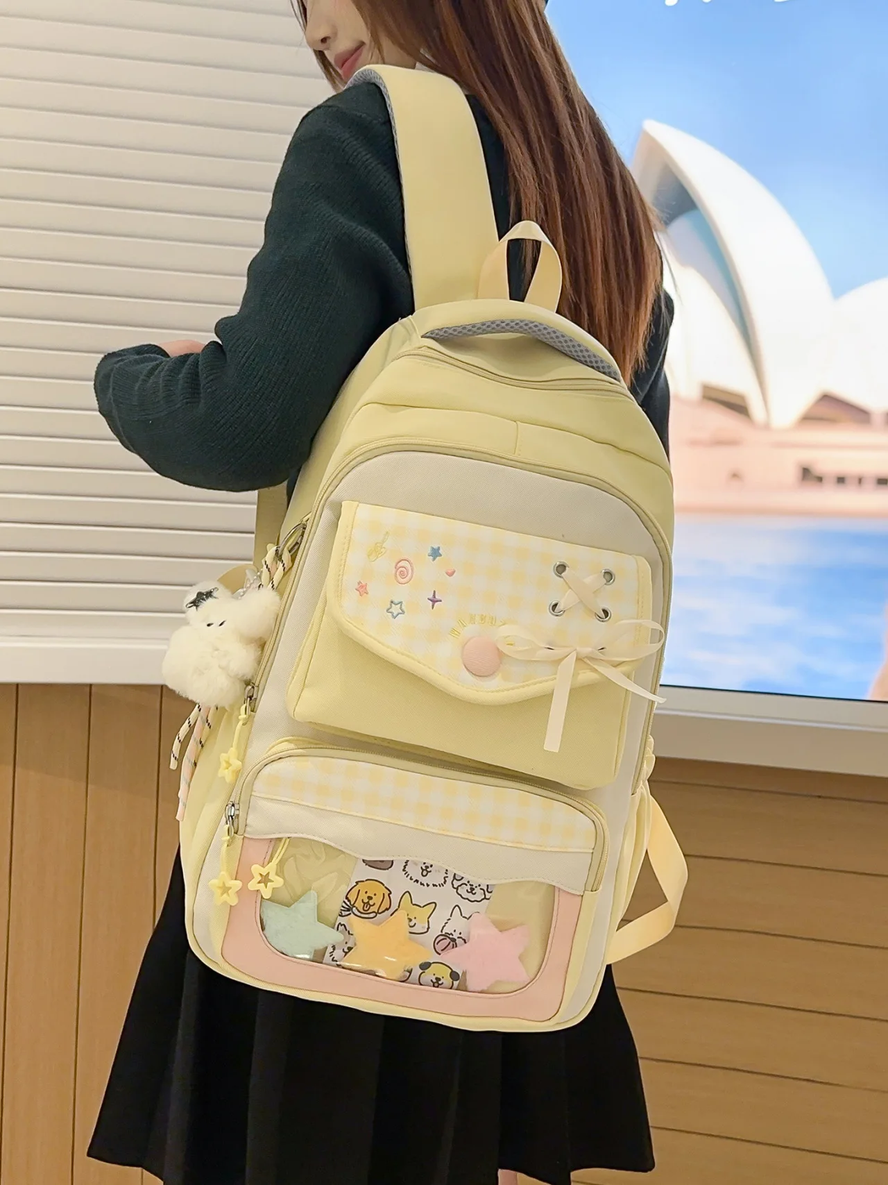 Soft Cream Color Plaid Splicing Backpack Clear Front Pocket Cartoon Inner Pocket Design Pressure Relief Straps Campus  Backpack