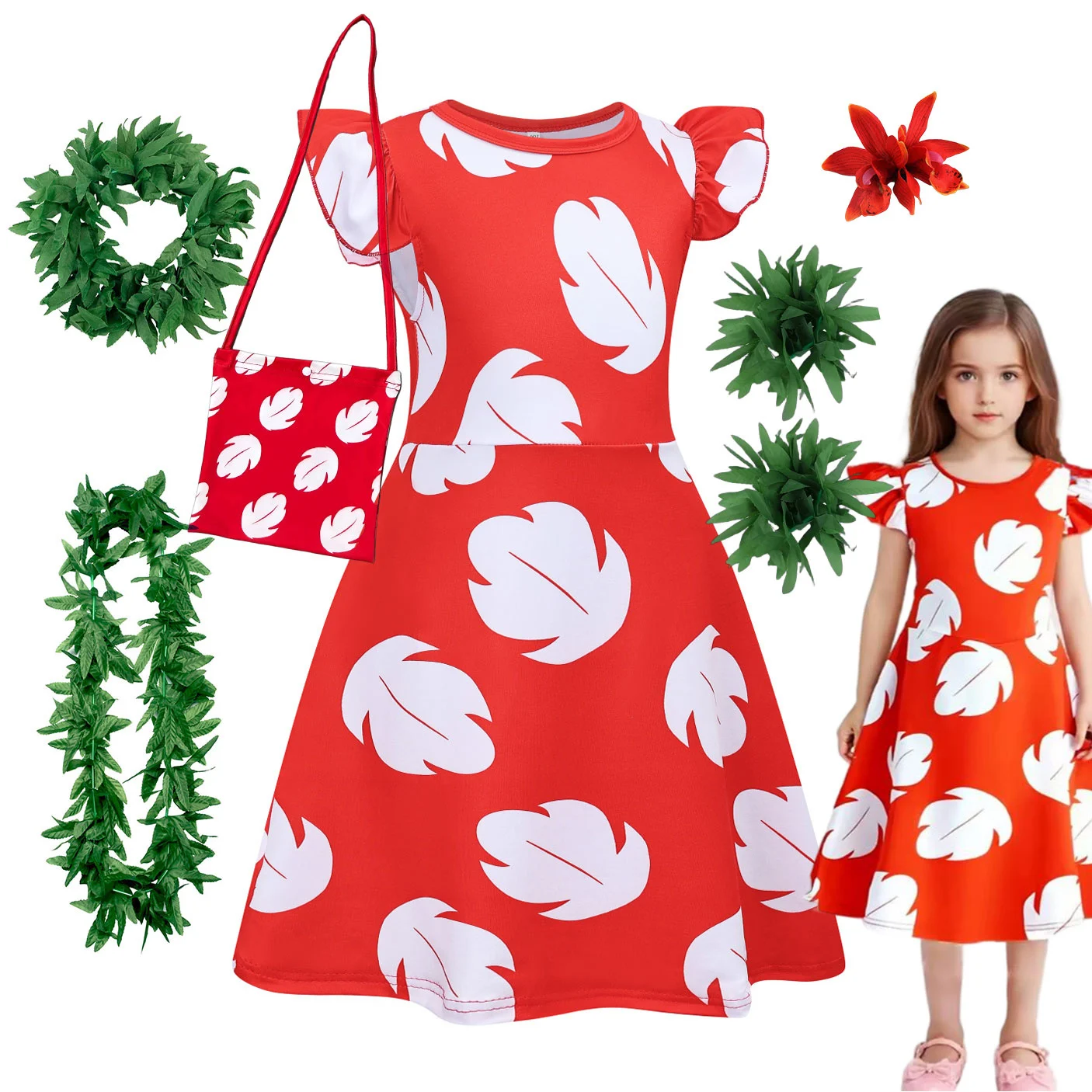 Girls Summer Hawaiian Costume Red Dress Soft Breathable Beach Frock Kid Cartoon Alien Blue Monster and Ohana Friend Movie Outfit