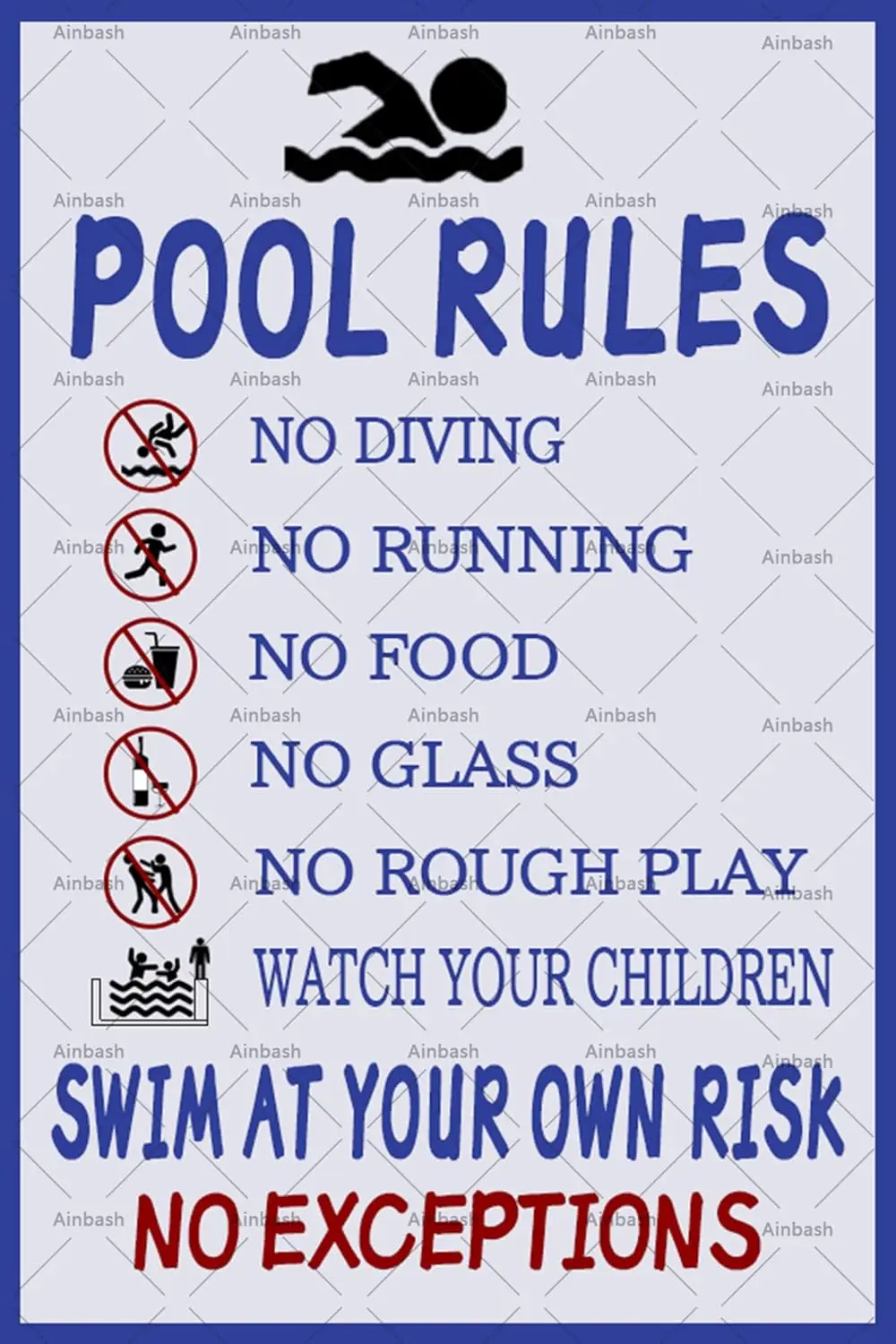 Правила бассейна Металлический знак Настенный декор Персонализированный бассейн с собственным риском Предупреждающий знак для плавания Аквапарк Безопасность