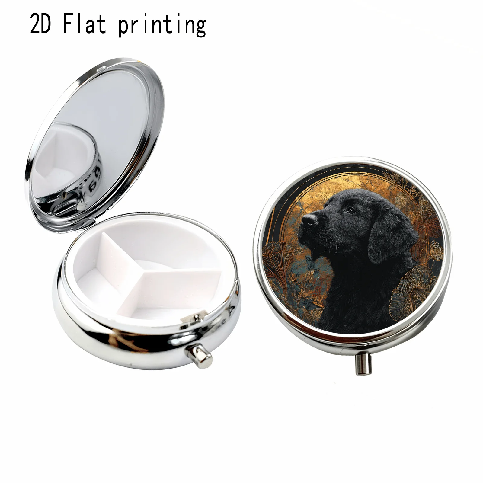 Black Gold Light Luxury Style with Black Dog Plant Line Drawing Pattern, Round Three-Compartment Small Medicine Box, Portable Medicine Storage, Small Jewelry Storage, Suitable for Handbags or Travel, Holiday Gifts, Souvenirs, Prizes, Small Gifts, Suitable for Personal Use or as an Exquisite Gift Option