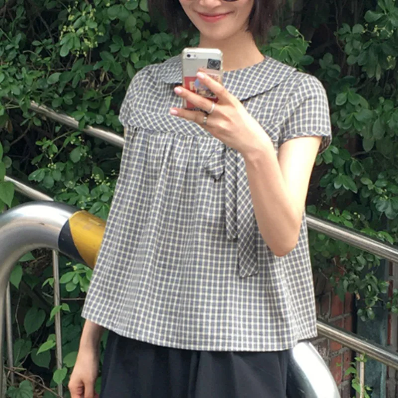 

Корейские винтажные клетчатые рубашки, женские блузки с японским бантом и воротником «Питер Пэн», летние корейские эстетические повседневные топы с короткими рукавами