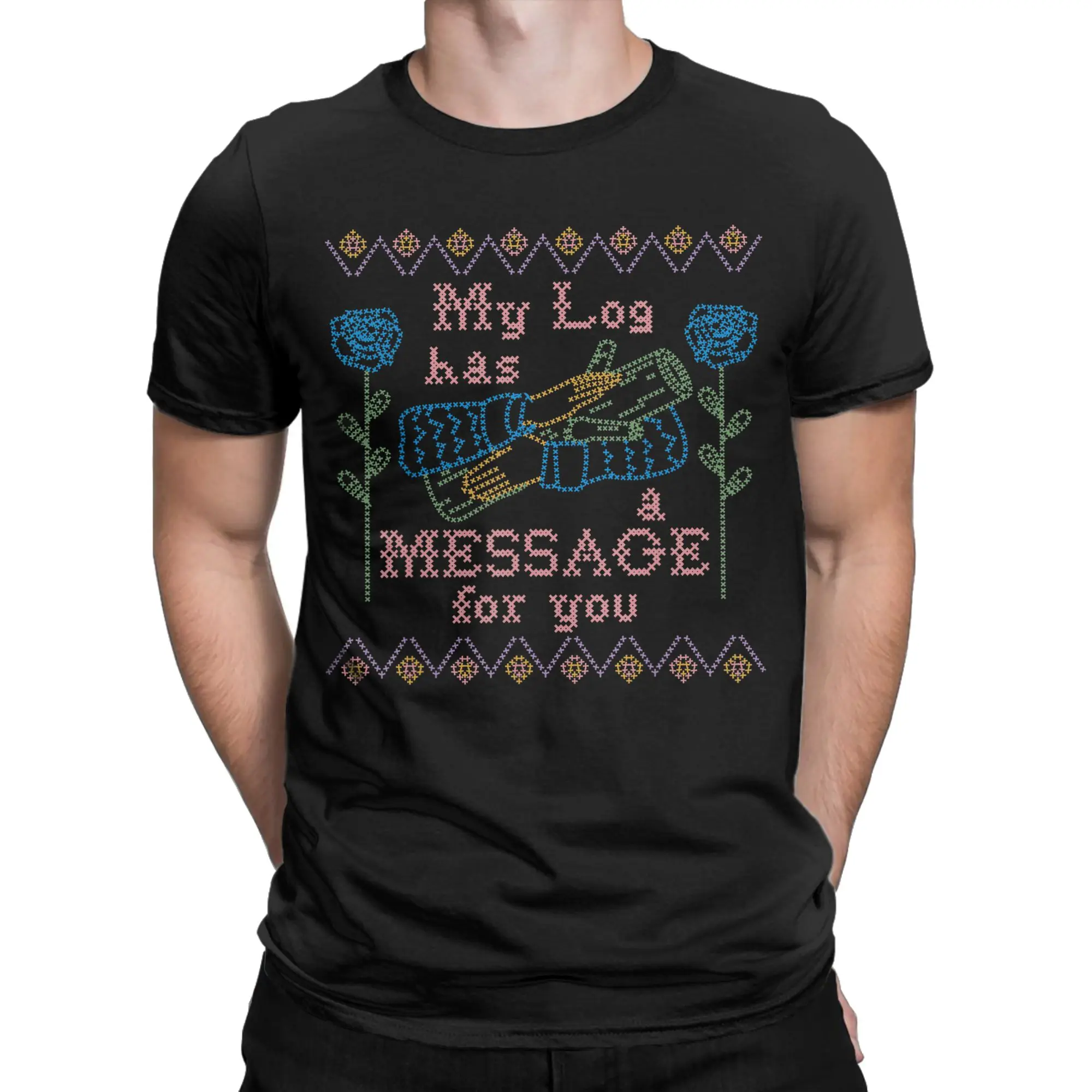 Twin Peaks Log Has A Message for You Needlepoint T-Shirt Men   Pure Cotton Tees Crewneck Short Sleeve T Shirt Plus Size Tops