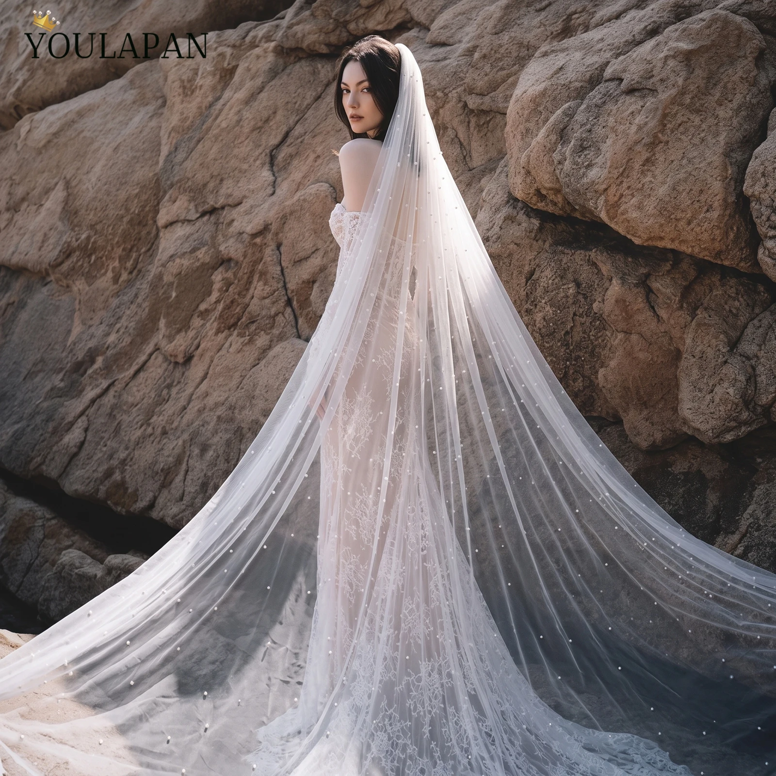 TOPQUEEN V09 Wedding Veil with Pearls 3 Meter Long Bridal Veils Beaded Cathedral Length 3M wide Dramatic 1 Tier Customizable