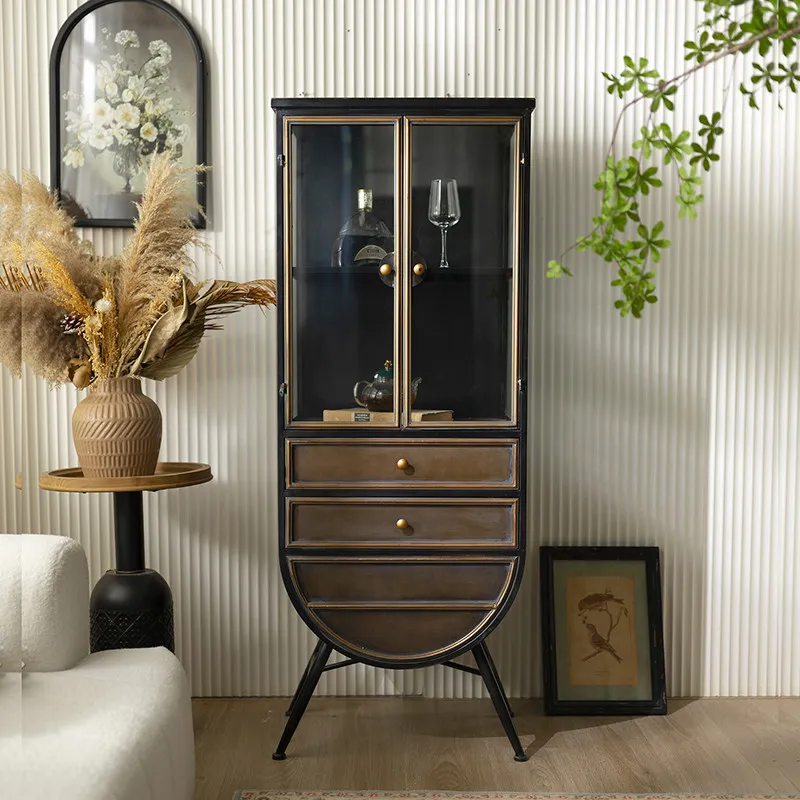 Medieval style wrought iron distressed arch wine cabinet wall glass door home living room display cabinet light luxury vintage f
