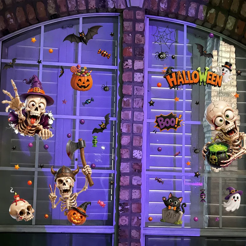 Funny Broken Wall Skeleton Halloween Static Window Cling, Candy Party Glass Sticker, Removable Festive Glass Door Home Decor