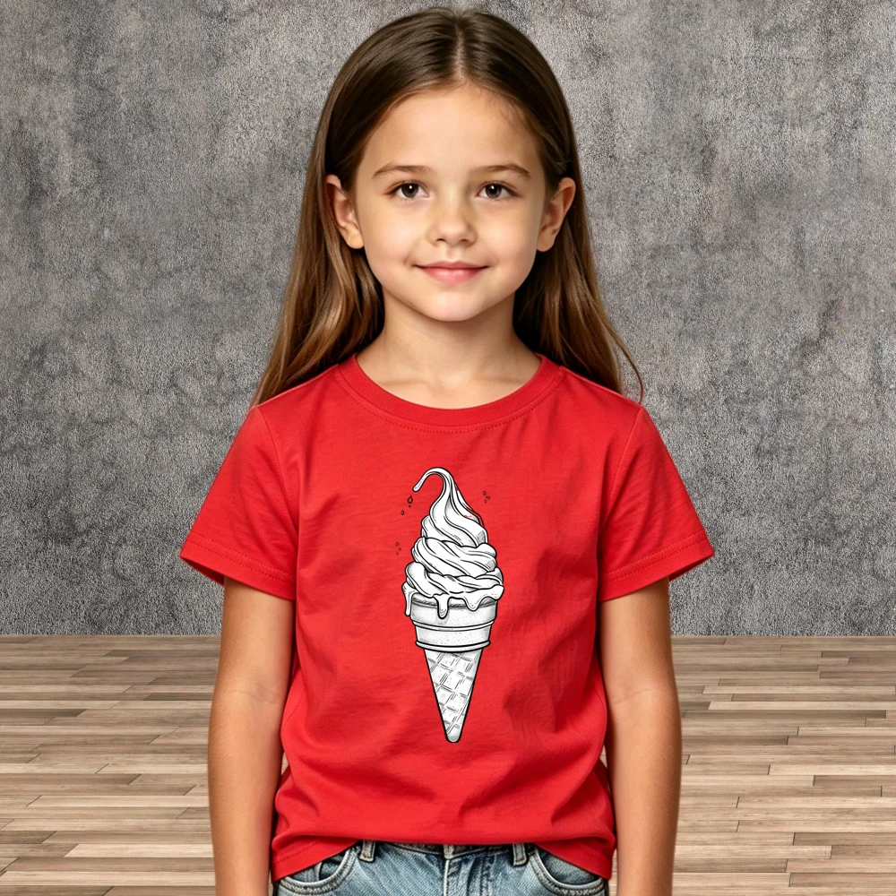 Cute Cartoon Ice Cream Print T-Shirt Boys Girls Soft Cotton Short Sleeve Shirts Kids Crew Neck Summer Children Daily Wear