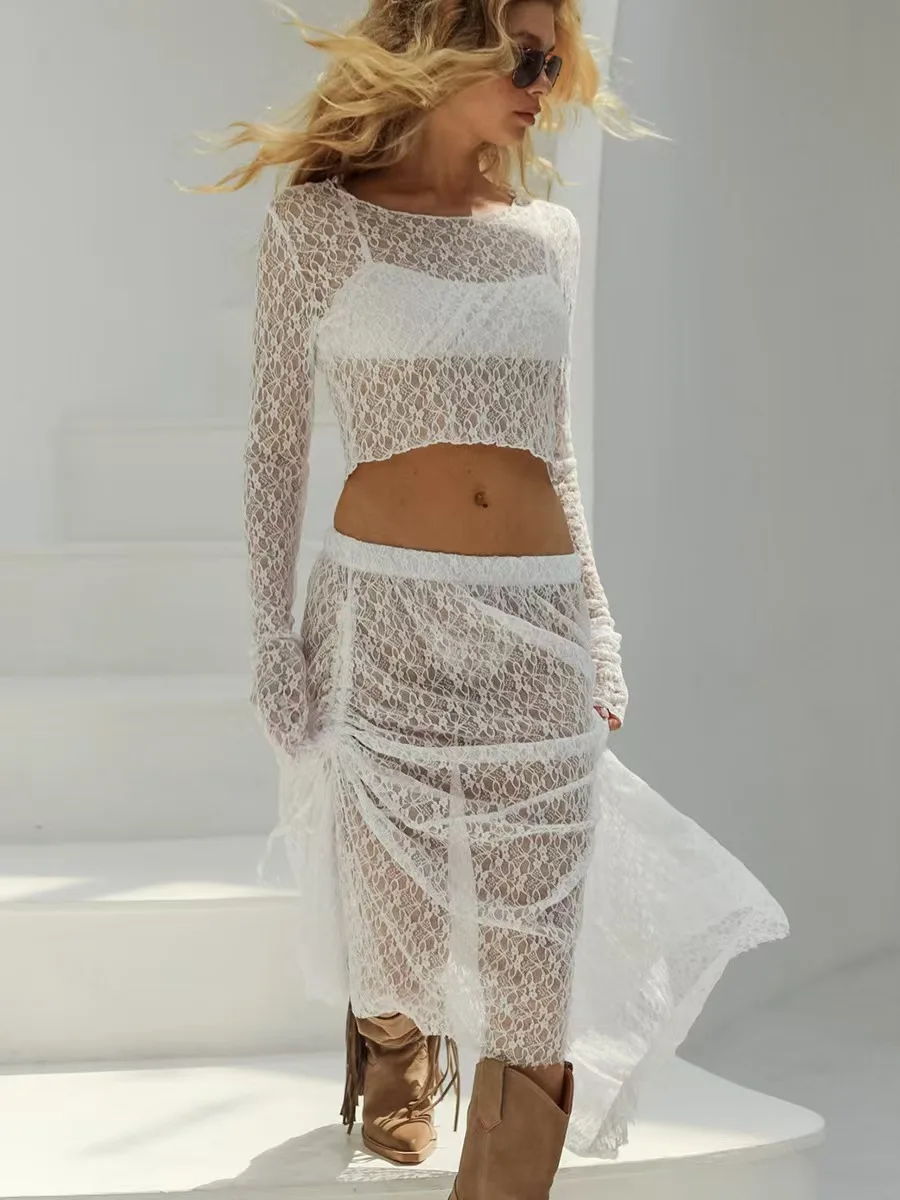 

Sexy See-tough Lace Top And Skirt Set f-length A-Line Skirt Long Sve round Ne Two-piece Suit Chinese Faion Women'...