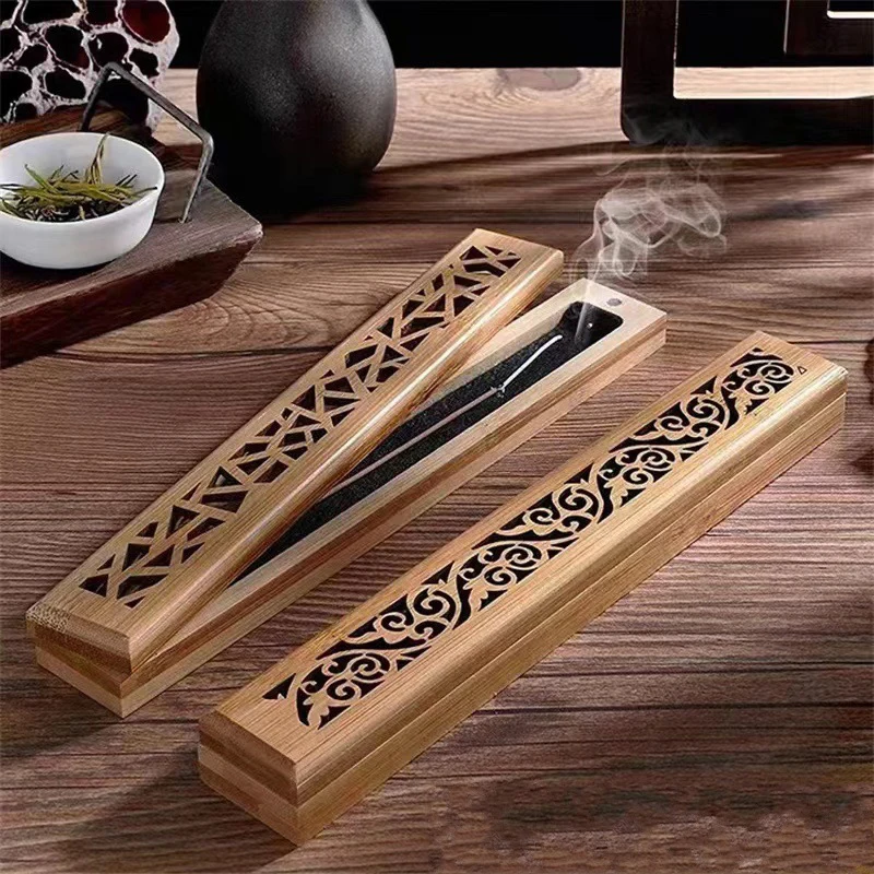 1pc Bamboo Wooden Incense Stick Holder Burning Joss Insence Box Burner Ash Catcher