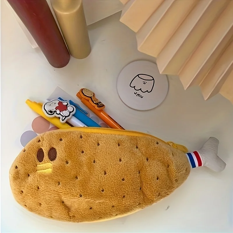 Cute GIRL\'S Heart Super Cute Chicken Leg Plush Pencil Bag Female Simple Student Large Capacity Storage Bag