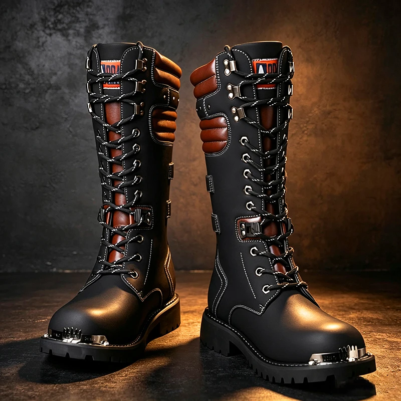 men fashion cosplay stage high motorcycle boots black designer shoes cowboy original leather boot long platform knight botas man