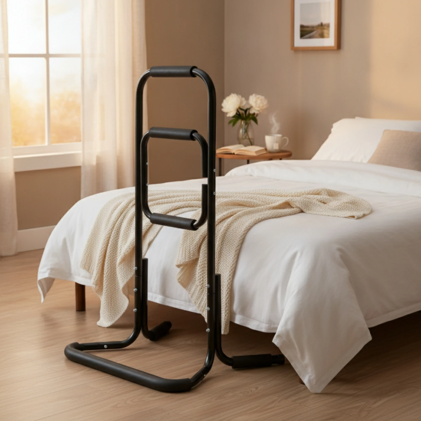 Bedside Support Rail Adjustable Height Freestanding Bed Rail Bed Assist Handle with Padded Grip Non-Slip for Elderly, Home Care