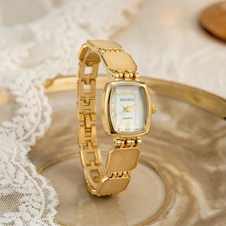 Stylish Rectangular Domed Glass Tiny Dial Color Block Bangle Gold Watch for Woman
