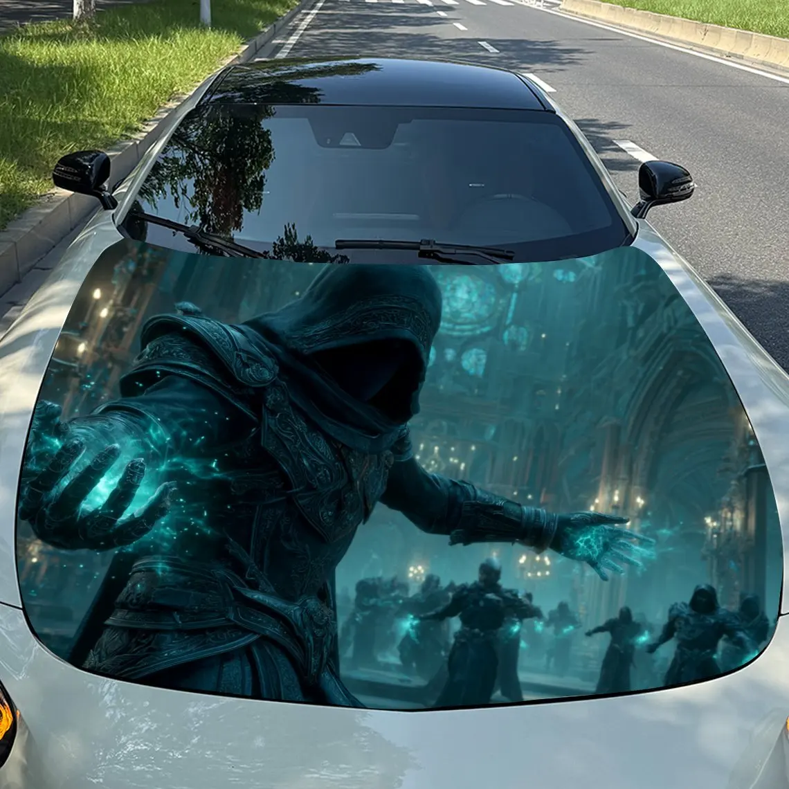 

Cyan Flame Occultist in Gloomy City Curse Realm Car Vinyl Wrap, PVC Material Waterproof Car Hood Sticker, Self-Adhesive Scratch-