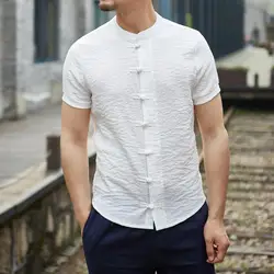 Vintage Men Summer Shirt Stand Collar Short Sleeve Men Top Solid Color Slim Fit Knot Buttons Men Shirt Chinese Traditional Shirt