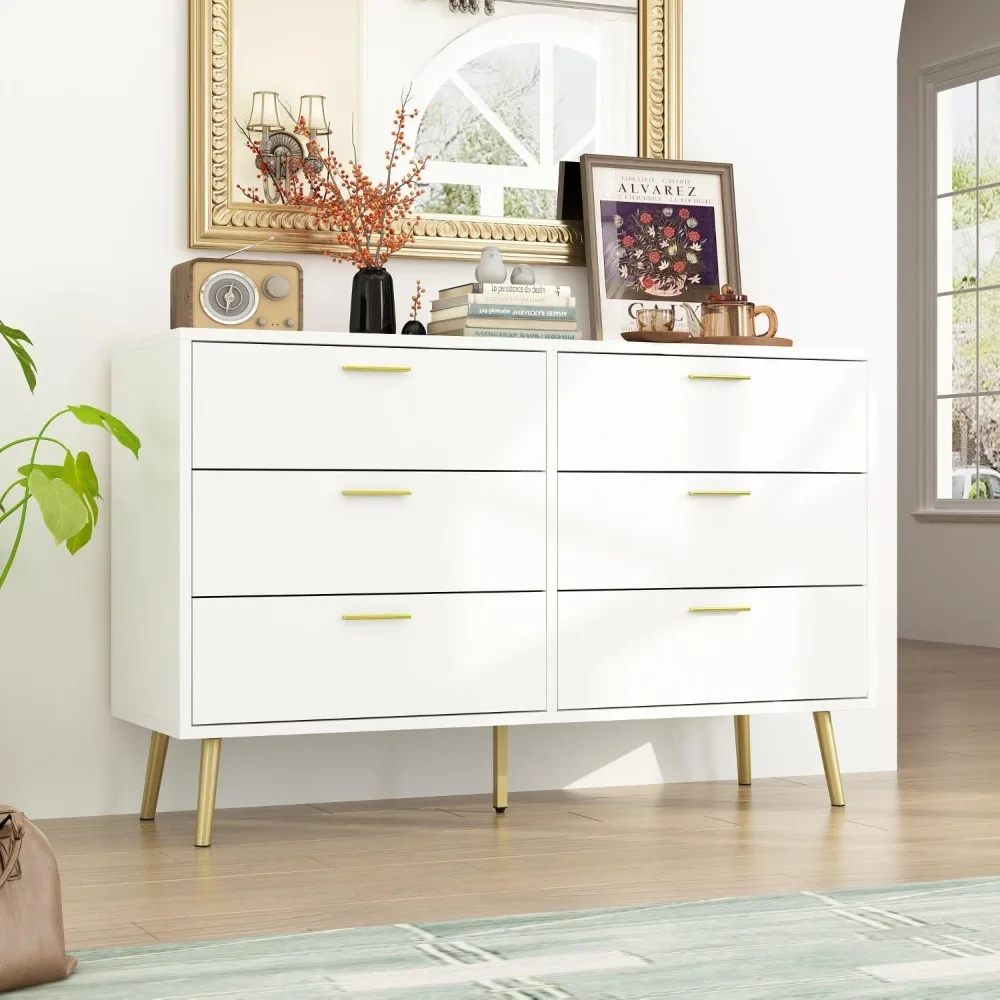 

6 Drawer Dresser, Modern 6-Drawer Chest with Gold Metal Handles, Bedroom Dresser with Gold Metal Legs, for Living Room Entryway