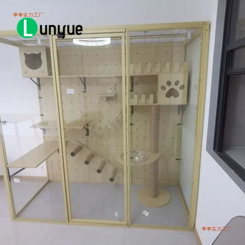 Solid Wood Panoramic Cat Cage Luxury Glass Cat Villa Indoor Pet House Spacious Cat Nest Furniture for Home Interior Decor