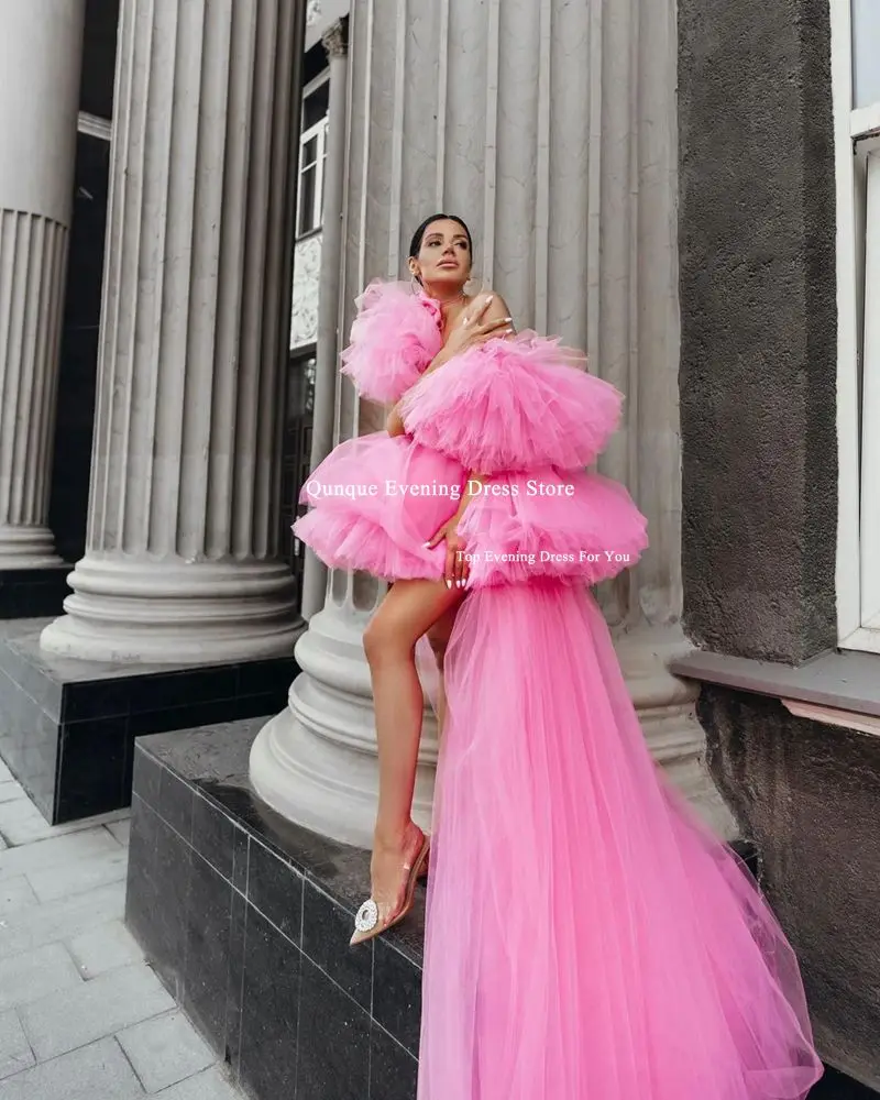 Qunque Pink High Low Prom Party Dresses Tiered Sleeves Pleat Graduation Gowns Customized Mini robe de soirée luxe élégante 2024