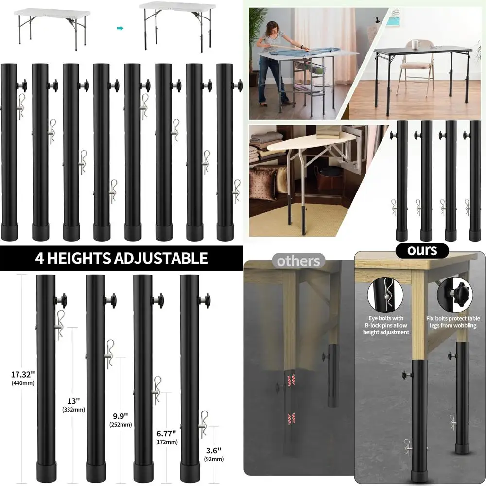 Adjustable Height Table Leg Extensions, 8 Pack, 4 Level Settings, Suitable for Straight or Bent Legs, 3.6 to 9.9 Inches Incremen