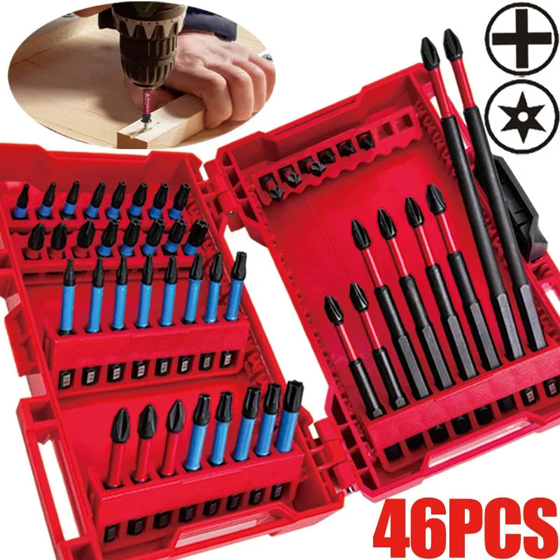 46Pcs Impact Screwdriver Bits with Box Phillips Magnetic S2 Alloy Steel Drill Bit Set Power Screwdrivers Electric Drill Drivers