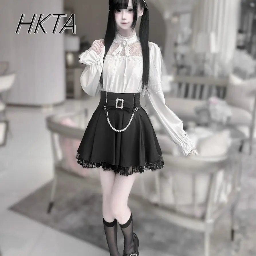 日本のダーク量産レースリボン黒長袖シャツ女性ブラウストップロリータパールウエストプリーツスカート 2 枚セット
