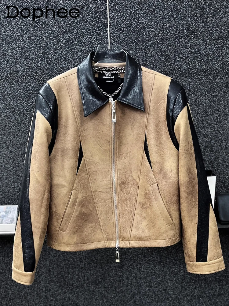 

Осень-зима 2024, новые высококачественные пальто, контрастные цвета, куртки из искусственной кожи с лацканами, мужские свободные куртки из искусственной кожи в стиле ретро, пальто