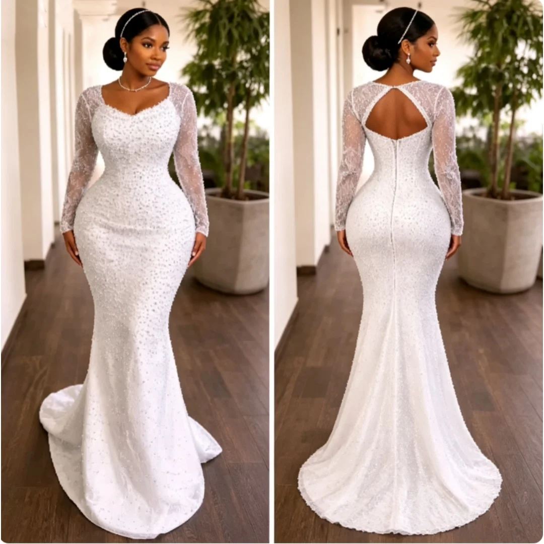 Custom Plus Size Mermaid Wedding Dress Long Sleeve Beaded Bridal Gown White Heart Neck Keyhole Back Wedding Dresses For Women