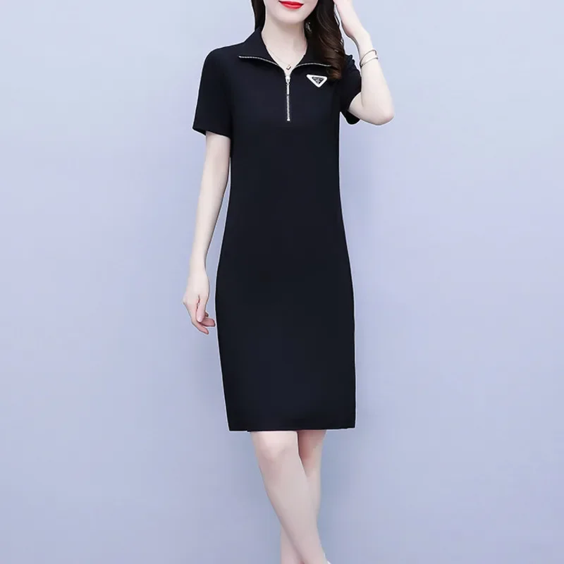 Schwarz gestreiftes T-Shirt Kleid Kurzarm schlanke koreanische Stil Baumwolle Mini kleid Turn-Down-Kragen Reiß verschluss Büro taschen Sommer