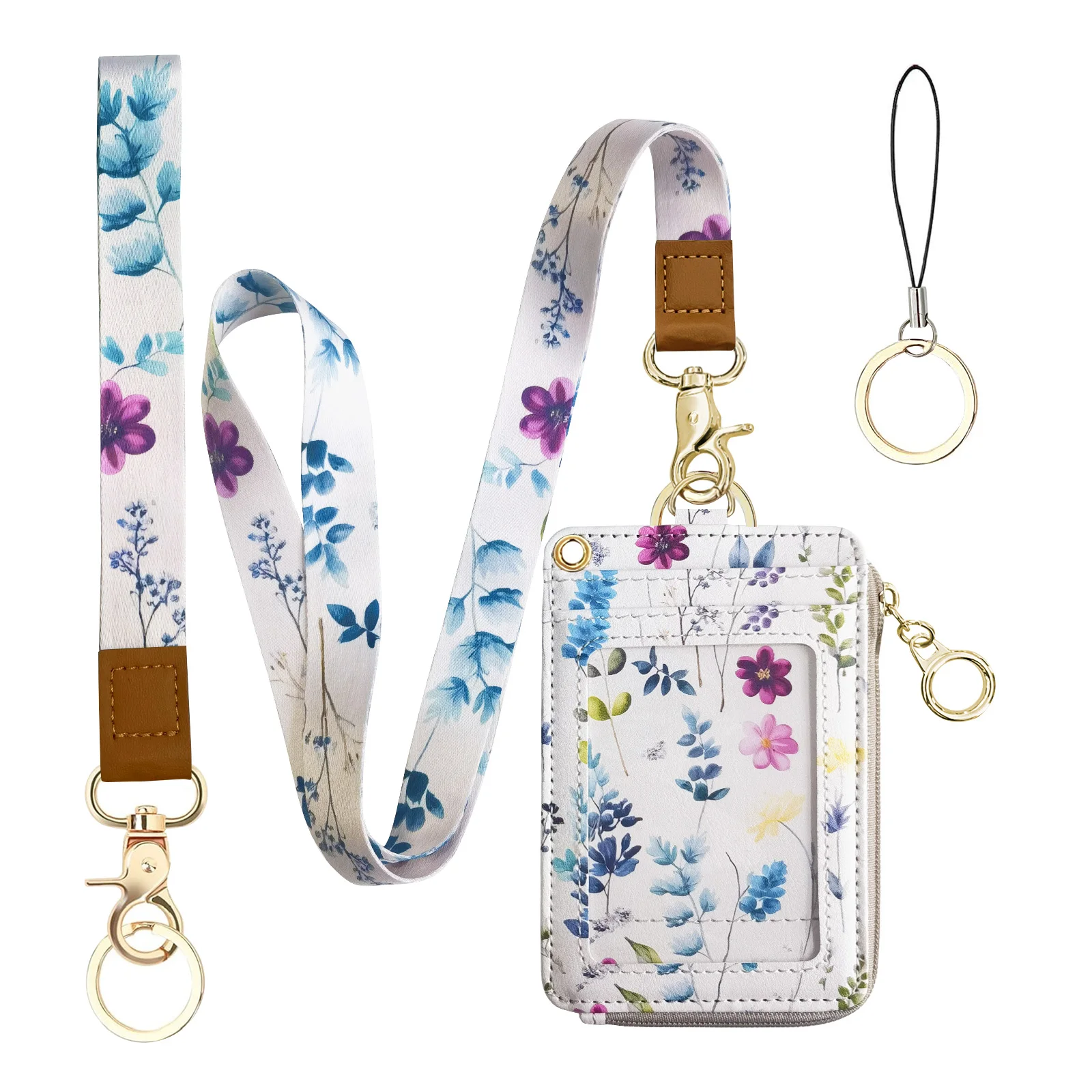 2-in-1 ID Badge Holder & Lanyard Wallet for Womens Cute Floral Zipper Wallet with Removable Wrist & Neck Lanyard, Clear Window,