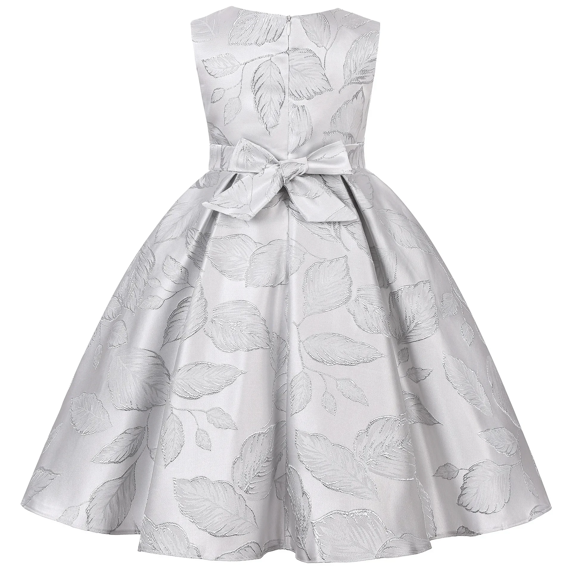 Silver Embroidery Flower Dress for Girls Thick Satin Sleeveless Kids Costume Children's Birthday Clothing 2 to 8 10 Years