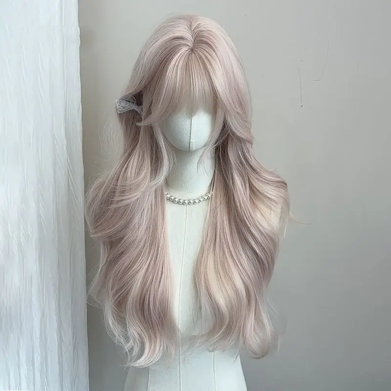 

Synthetic Female Wig Pink Long Hair Mist Pink Long Curly Hair Qi Bangs Japanese Soft Girl Natural Jk Full Headgear Cos Wig