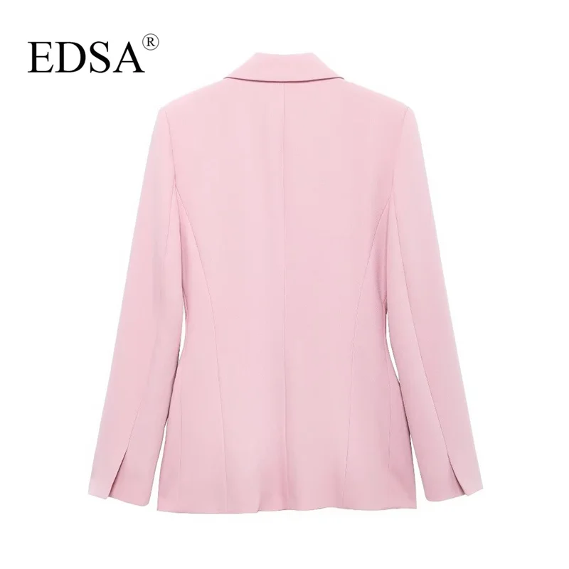 EDSA Women Pink Single Button Blazer Jacket with Flap Pockets for Office Lady Solid Collar Long Sleeves